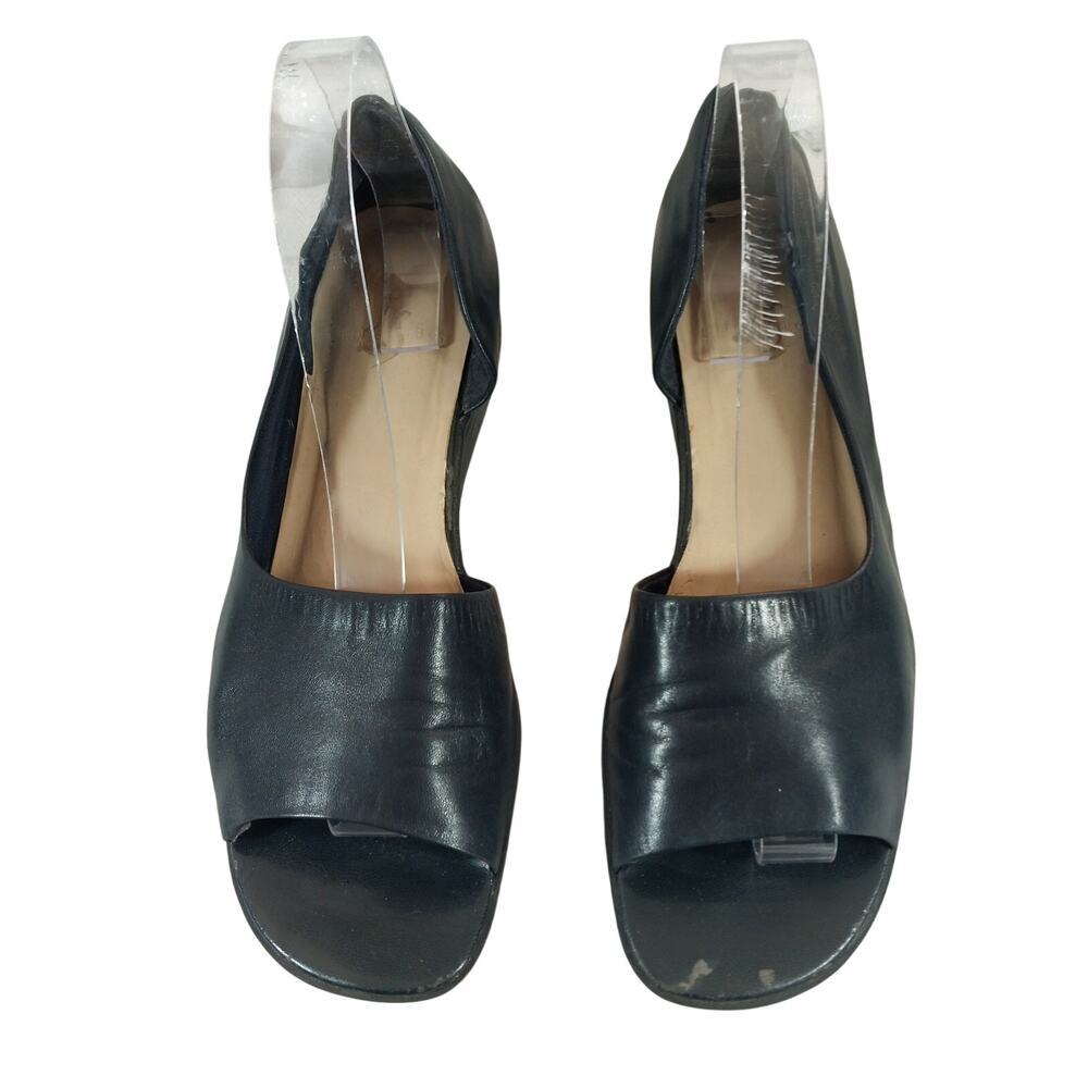 LIFESTRIDE! BLACK GENUINE LEATHER CUTAWAY SIDES, PEEP TOE WEDGE HEELS! SZ 9.5M